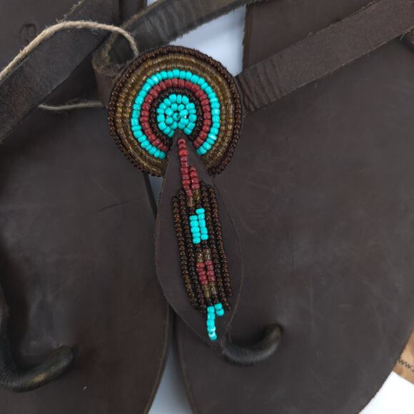 Aspiga Boho Tribal Luxe Turquoise Glass Bead Medallian T-Strap Leather Sandal 36 - Picture 7 of 8